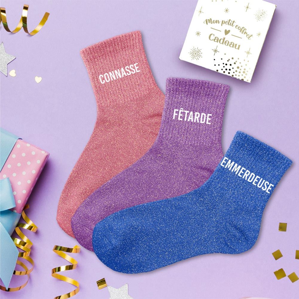 Coffret trio chaussettes paillettes connasse — Chaussettes à Paillettes