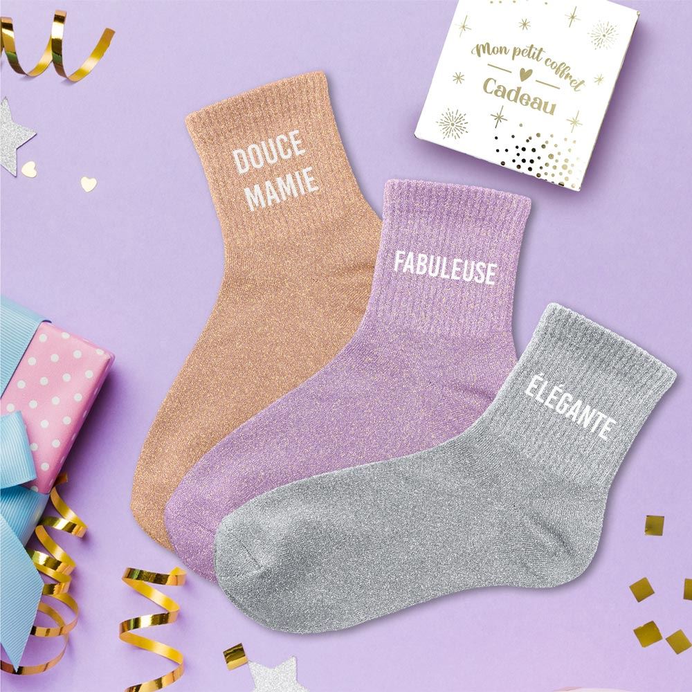 Coffret trio chaussettes paillettes douce mamie — Chaussettes à Paillettes