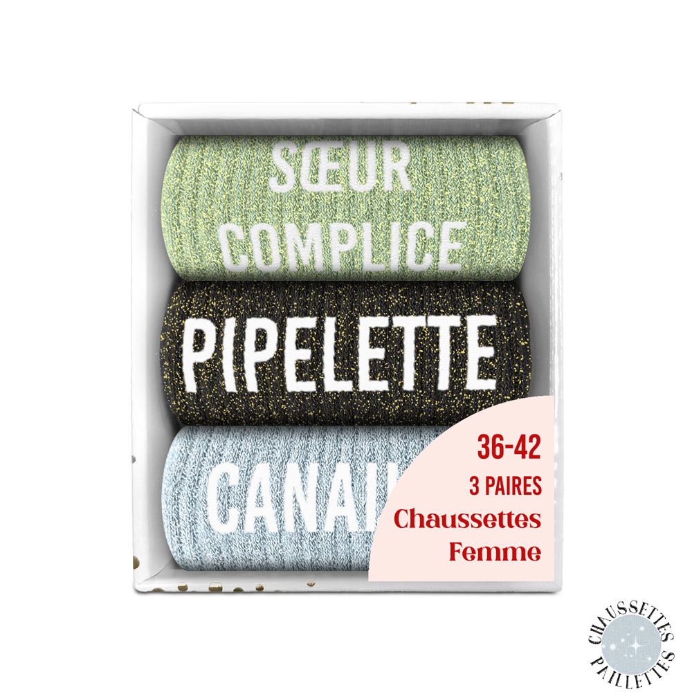 Coffret trio chaussettes paillettes soeur complice — Chaussettes à Paillettes