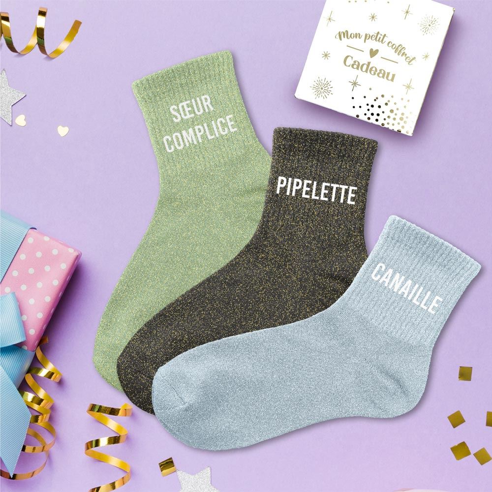 Coffret trio chaussettes paillettes soeur complice — Chaussettes à Paillettes