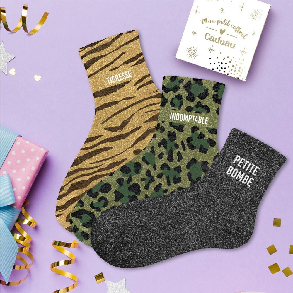 Coffret trio chaussettes paillettes tigresse — Chaussettes à Paillettes