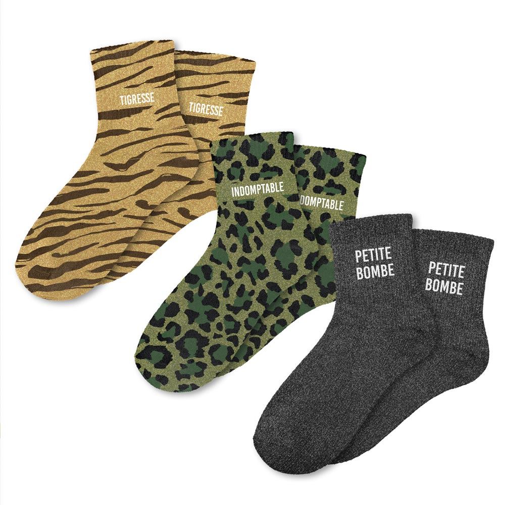 Coffret trio chaussettes paillettes tigresse — Chaussettes à Paillettes