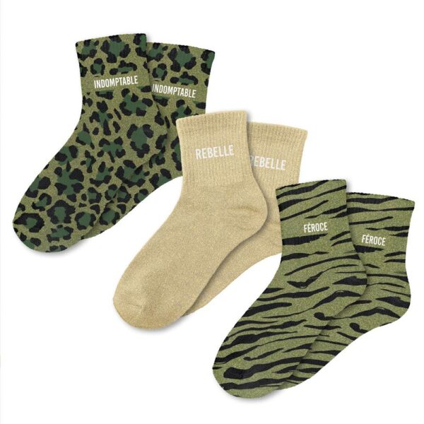 Chaussettes à paillettes vert olive « Coffret Trio Indomptable »