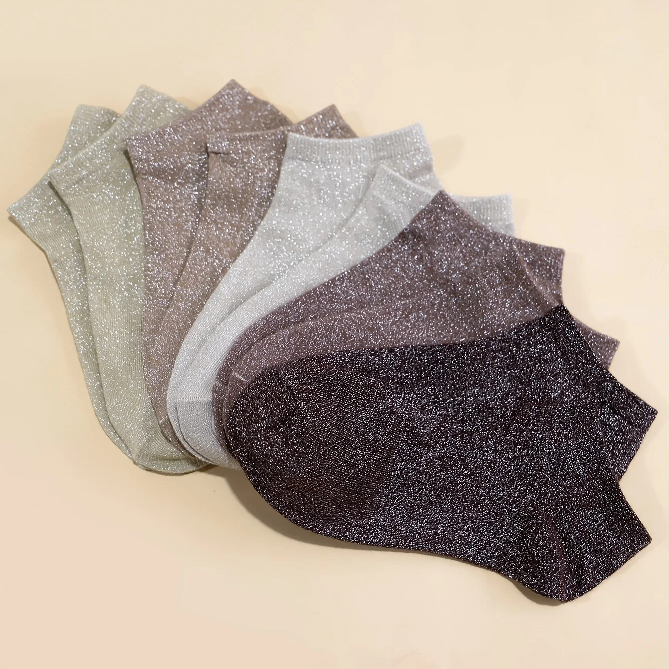 5 paires de Chaussettes Courtes à Paillettes - Tons Marron – Image 2