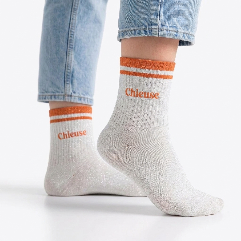 Chaussettes paillettes a bandes chieuse — photo IA Gemini — Chaussettes à Paillettes
