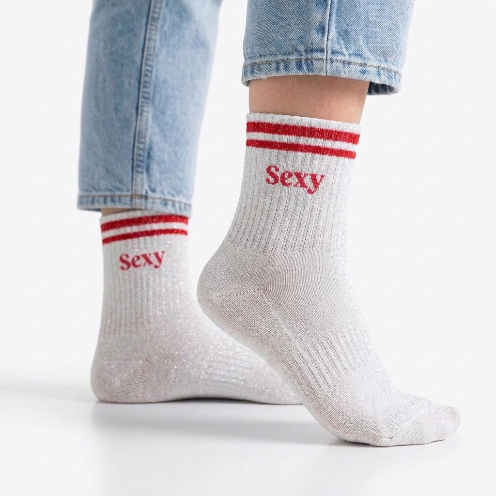 Chaussettes paillettes a bandes sexy — photo IA Gemini — Chaussettes à Paillettes