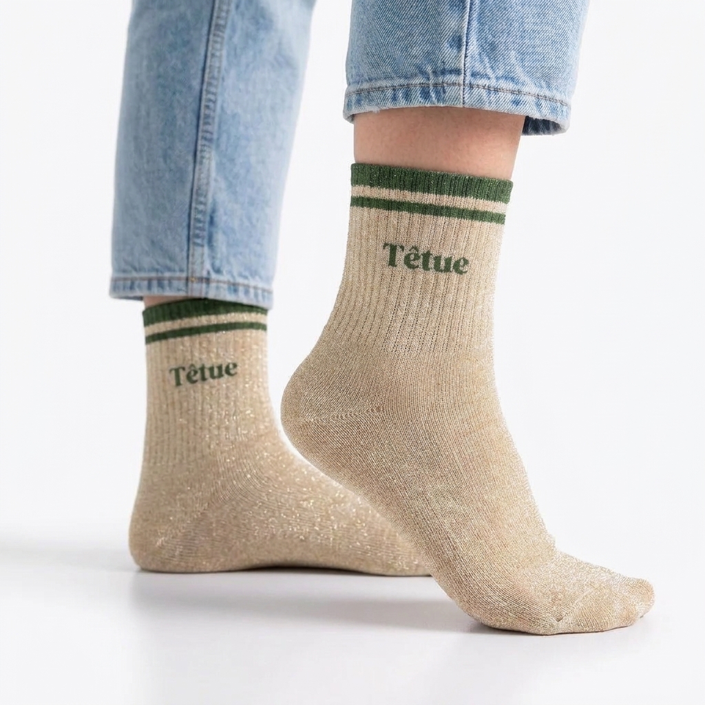 Chaussettes paillettes a bandes tetue — photo IA Gemini — Chaussettes à Paillettes