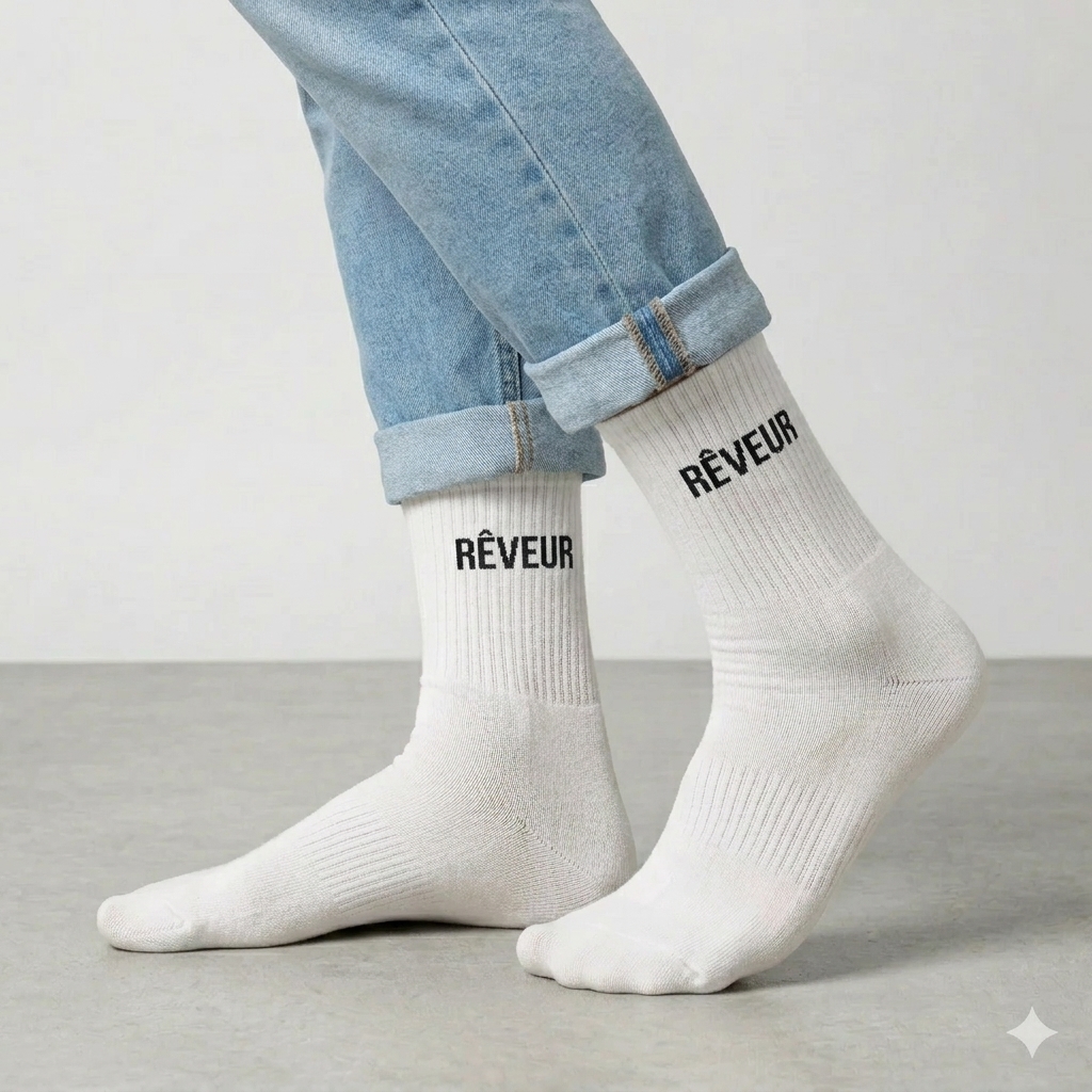 Chaussettes blanches reveur homme — photo IA Gemini — Chaussettes à Paillettes