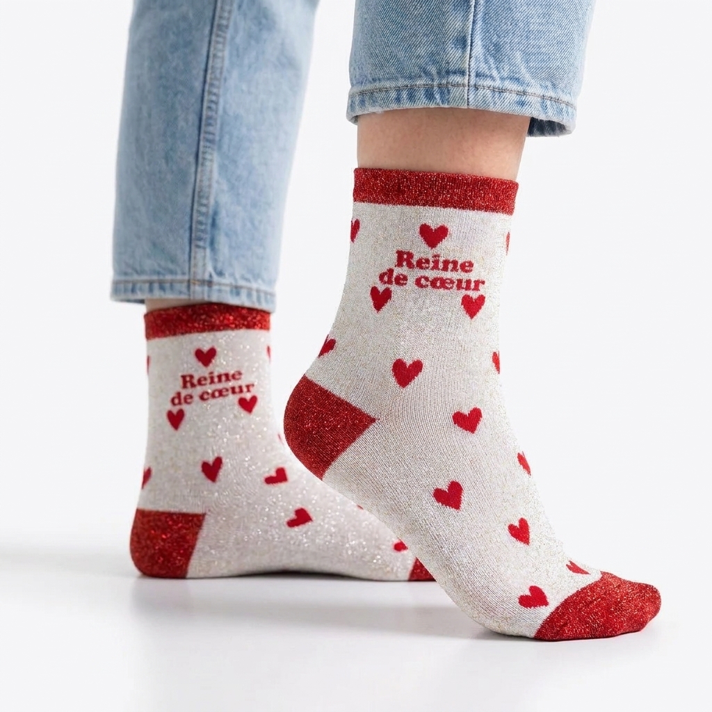 Chaussettes paillettes cŒurs reine de cŒur — photo IA Gemini — Chaussettes à Paillettes